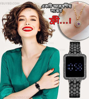 Luxury Ladies Diamond Electronic Stainless Steel LED Digital Wristwatch (Black Color)