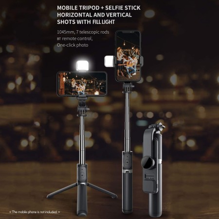 Bluetooth Remote Control Selfie Stick With Light (Black)